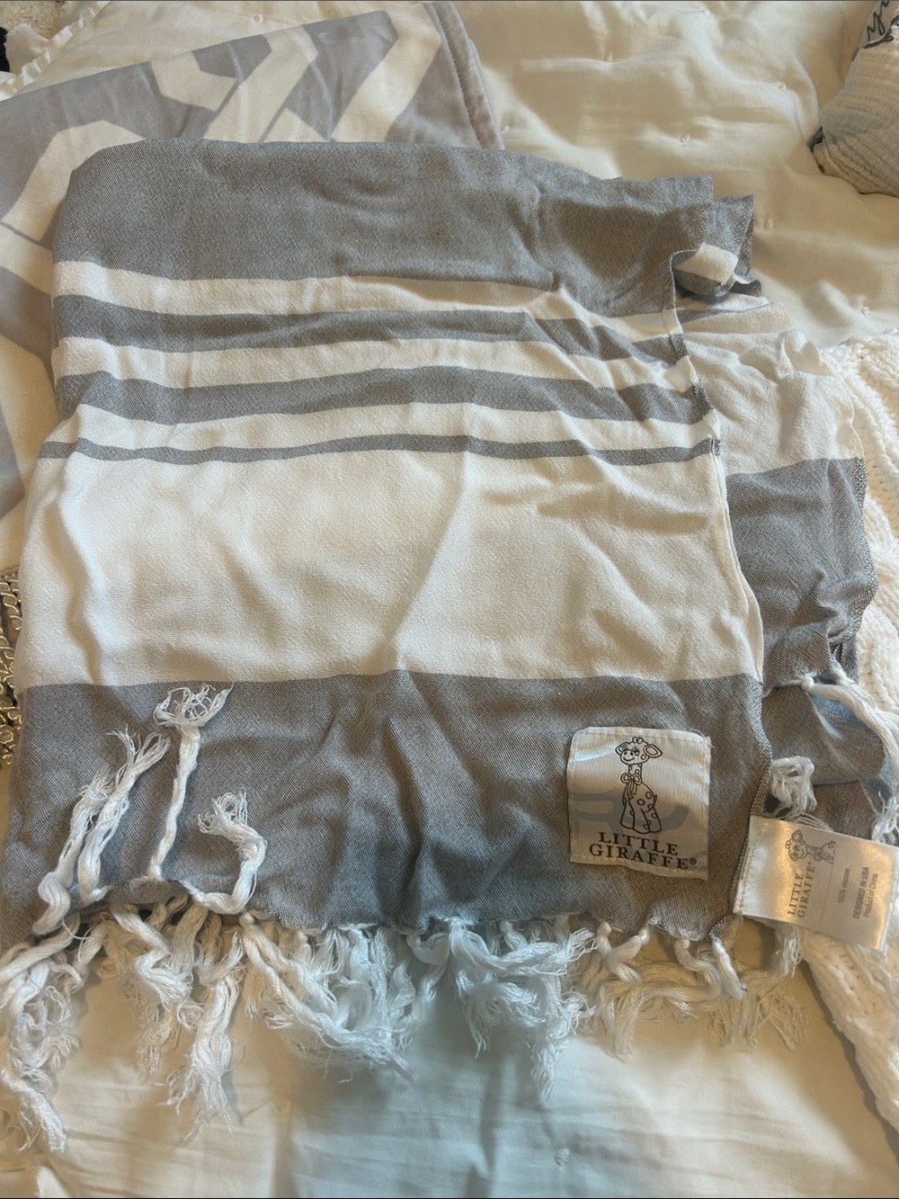 Little Giraffe Gray & White Striped Fringe Throw
